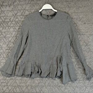 ZARA WOMAN Black White Gingham Peplum Ruffle Blouse Top Long Sleeve XS